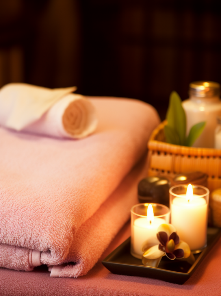 spa serenity with coral towels and orchid